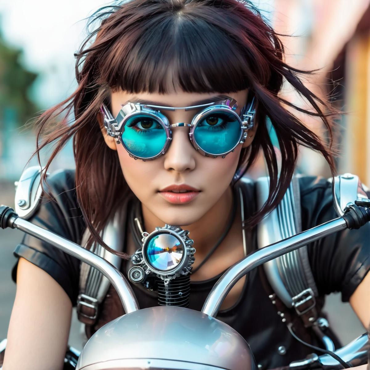 young woman, close up, cyberpunk, steampunk glasses, riding a futuristic motor bike
